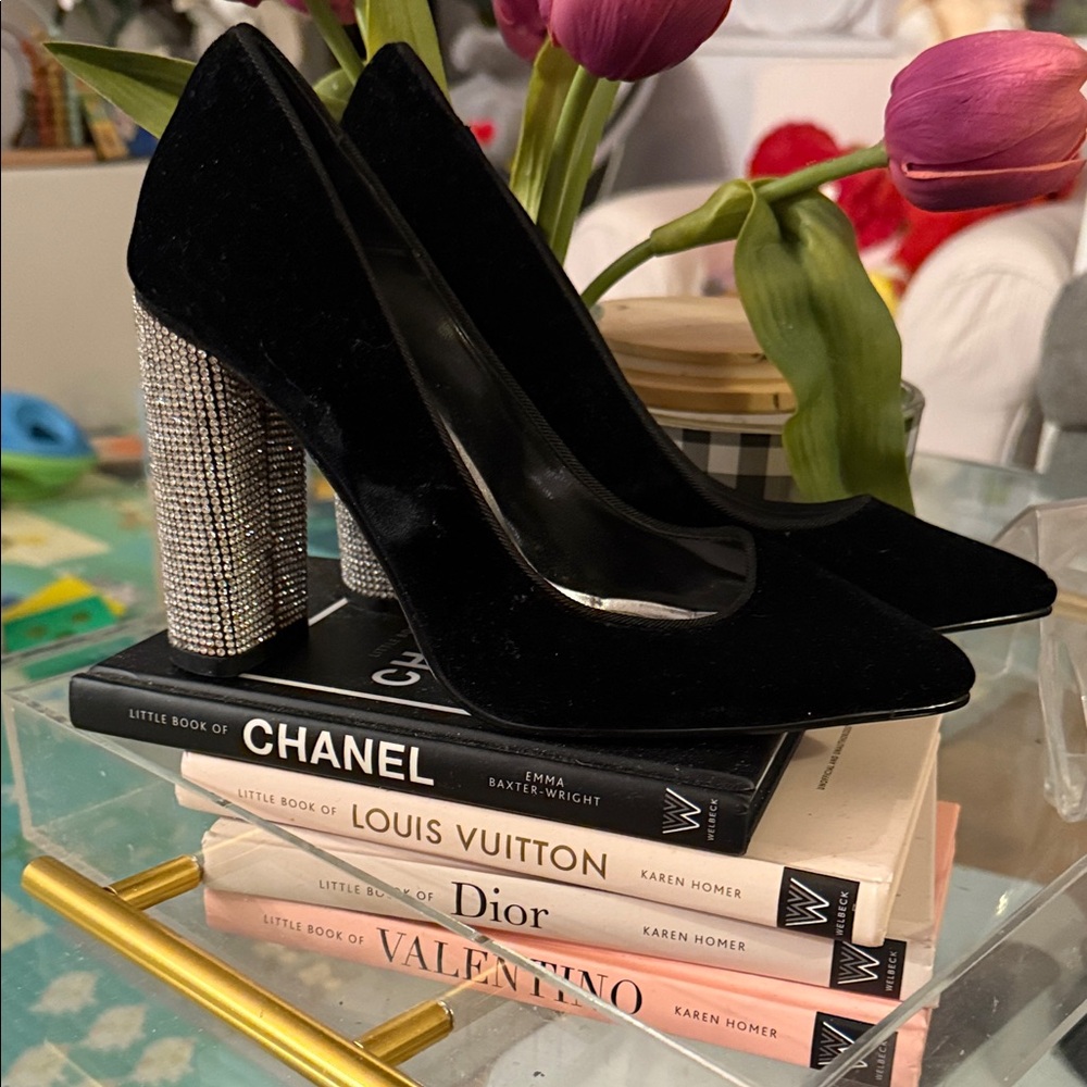 Brand new Caparros Black Velvet Heels with Glittering Silver Block